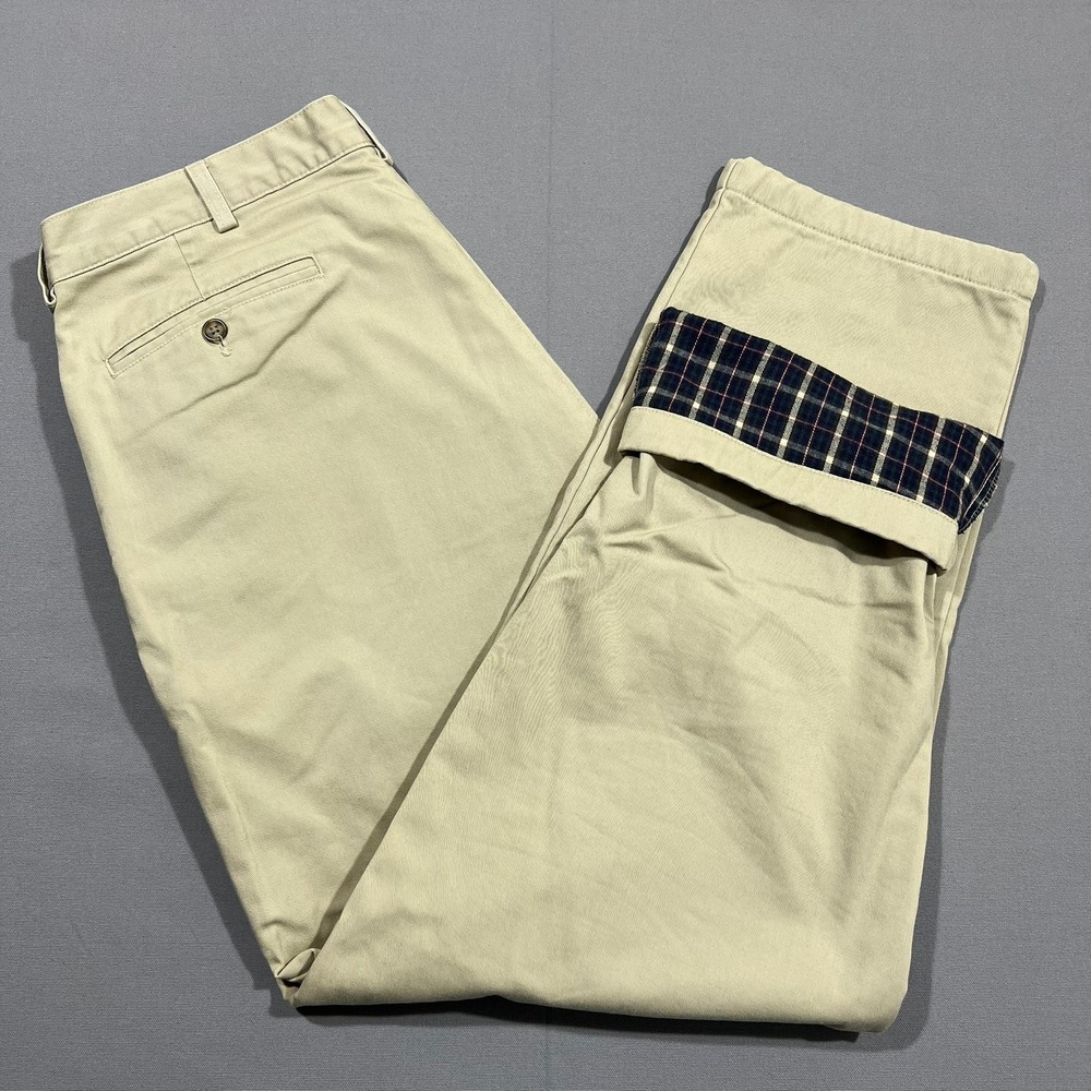 LL Bean Pants Flannel Lined Double L Natural Fit Pleated Khaki Men's 36x32‎ READ